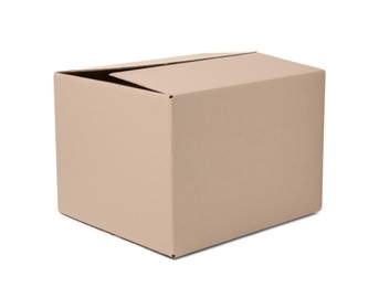 Photo of One closed cardboard box isolated on white