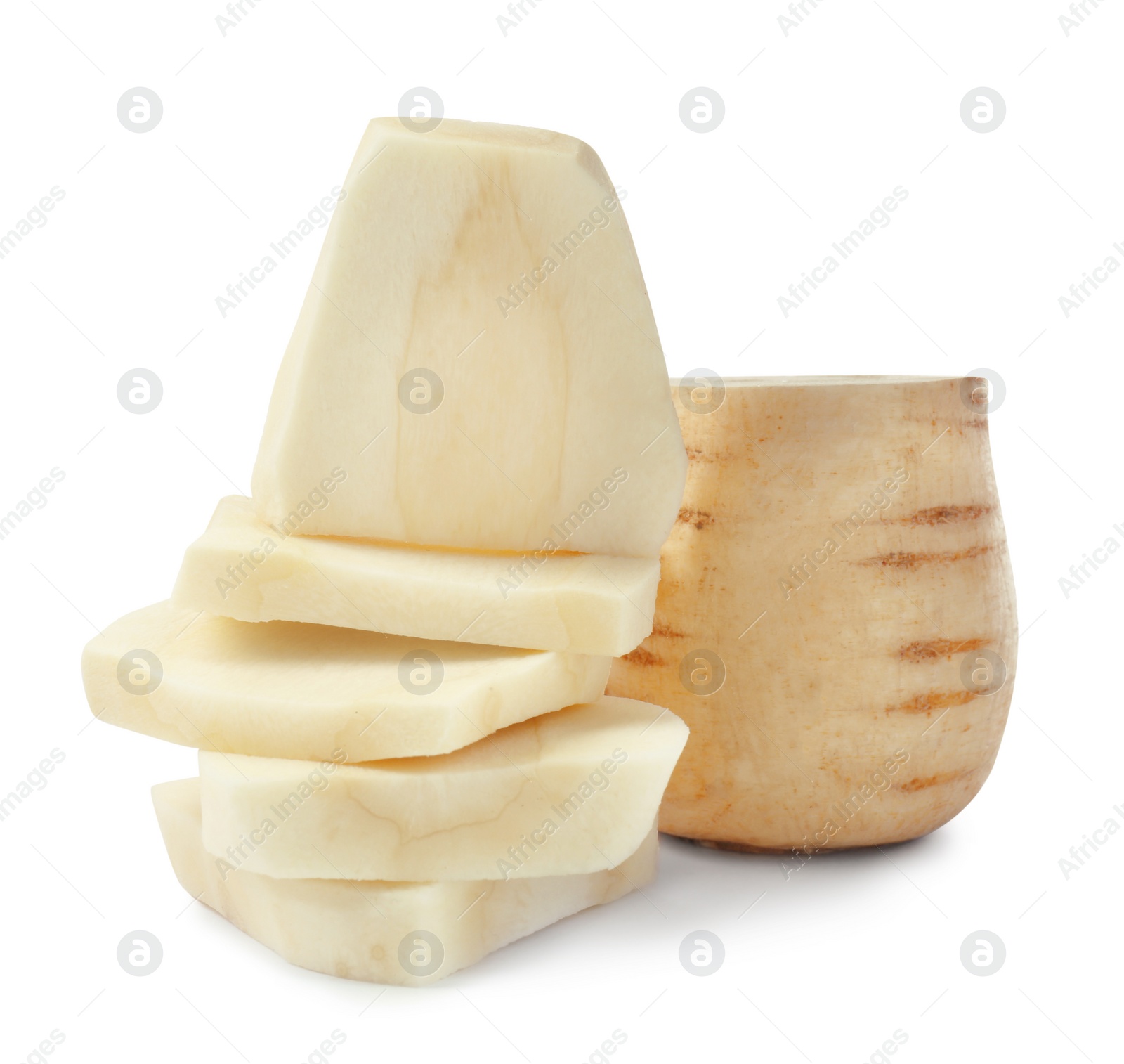 Photo of Tasty fresh ripe parsnips on white background