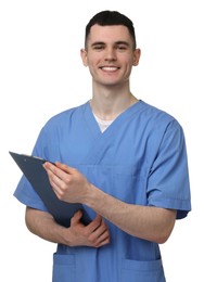 Portrait of smiling medical assistant with clipboard on white background
