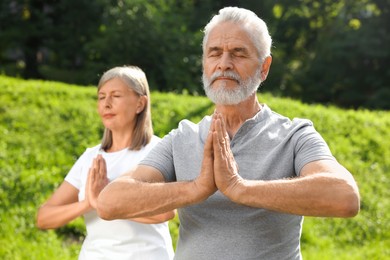 Photo of Senior couple practicing yoga in park, selective focus