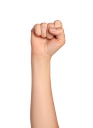 Woman showing fist on white background, closeup of hand