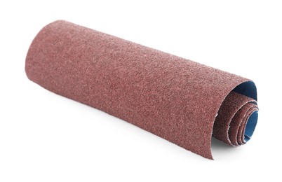 Photo of Rolled sheet of sandpaper isolated on white