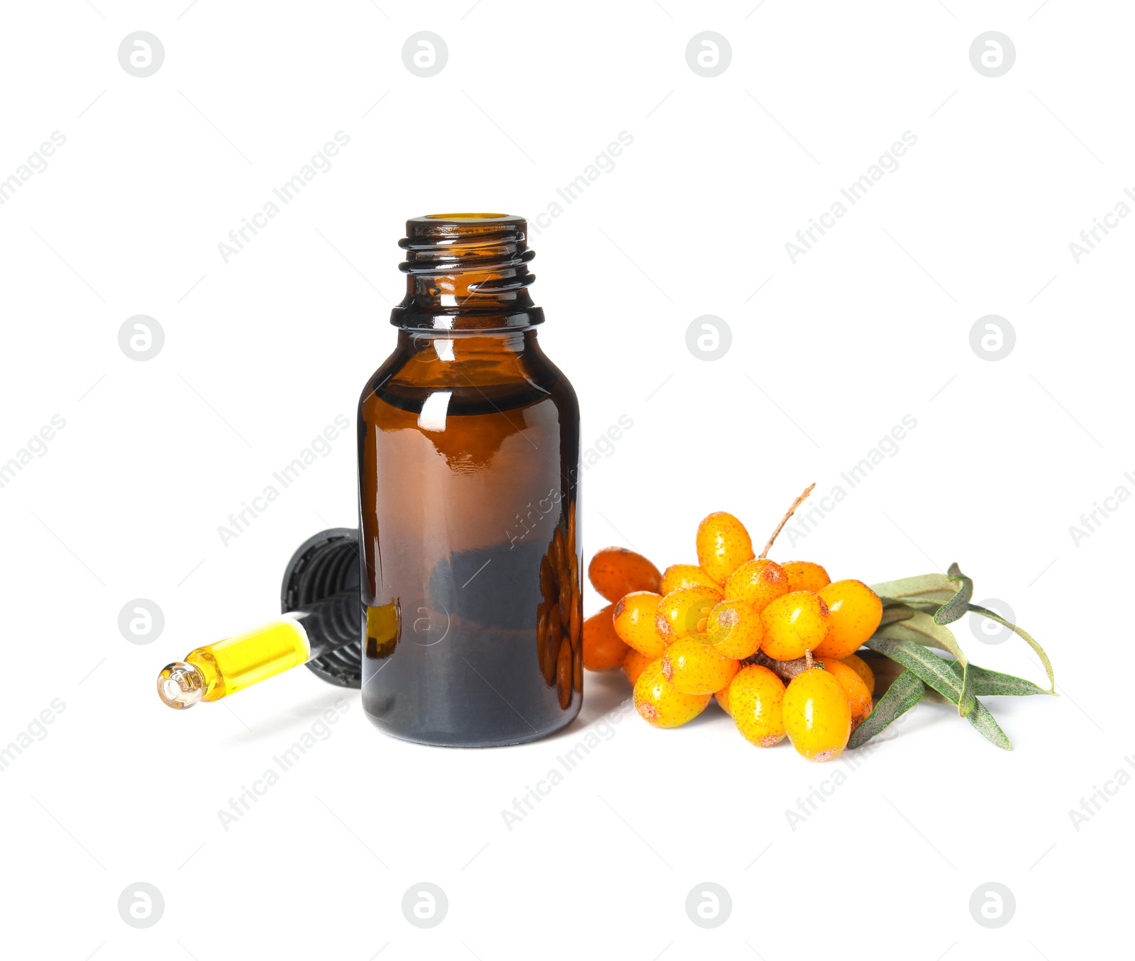 Photo of Natural sea buckthorn oil and fresh berries on white background