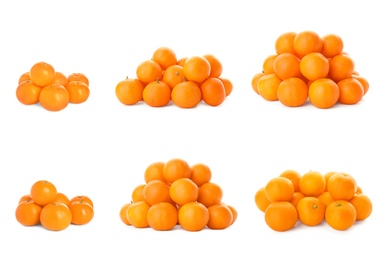 Set of fresh ripe tangerines on white background