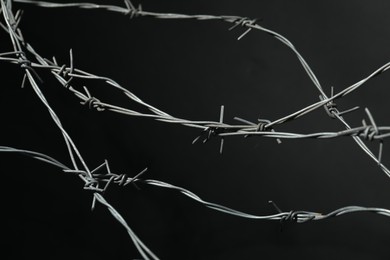 Shiny metal barbed wire on dark grey background