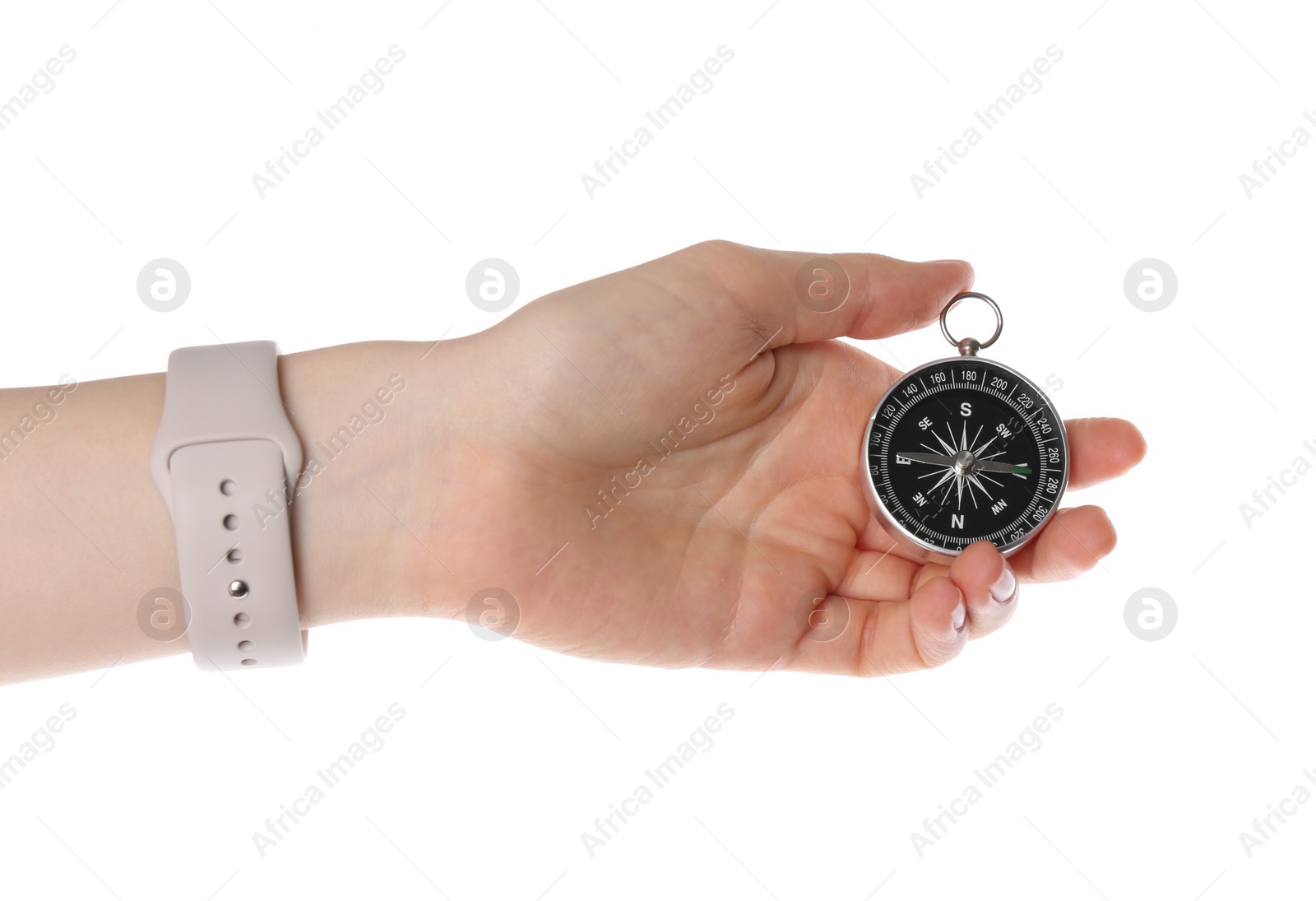 Photo of Woman holding compass on white background, closeup. Tourist equipment