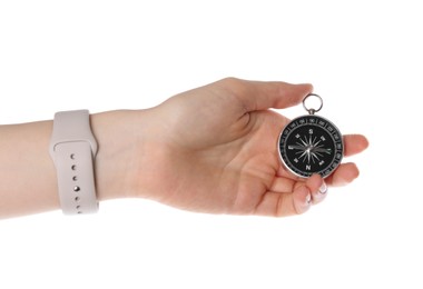Photo of Woman holding compass on white background, closeup. Tourist equipment