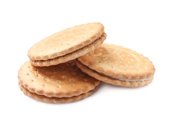 Photo of Many tasty sandwich cookies isolated on white