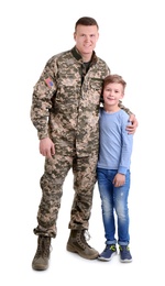 Photo of Male soldier with his son on white background. Military service