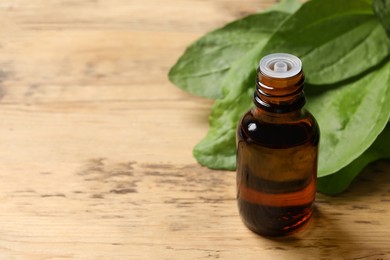 Photo of Bottle of broadleaf plantain extract and leaves on wooden table, space for text