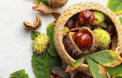 Photo of Horse chestnuts in wicker basket on white wooden table, flat lay