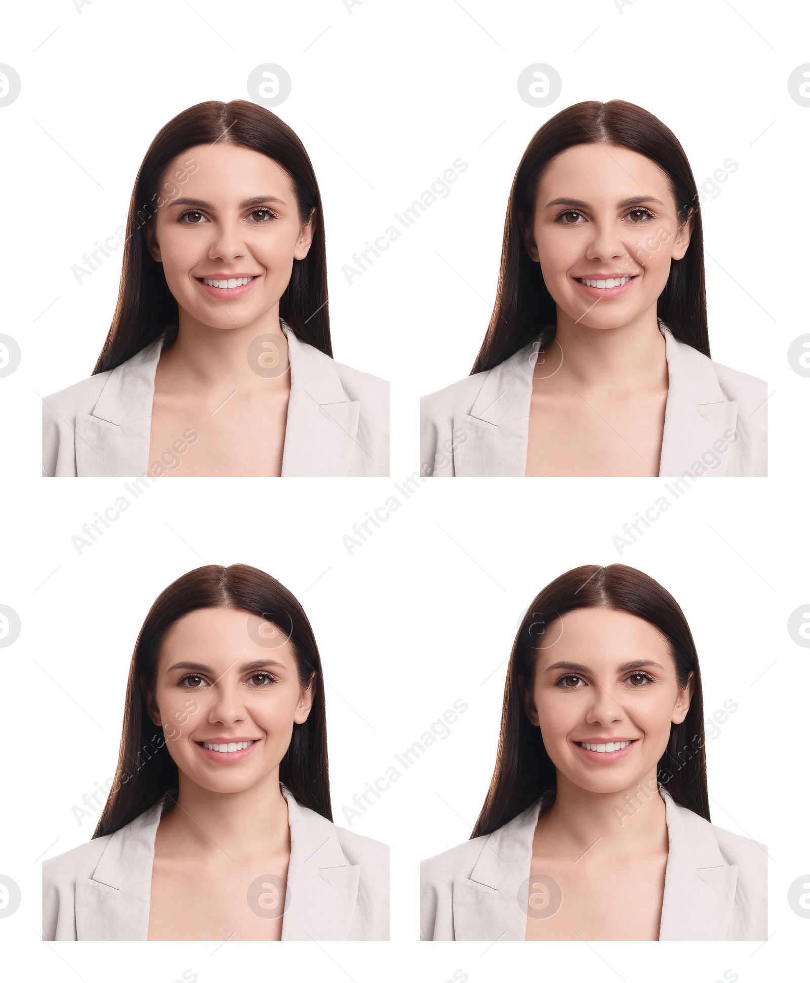 Image of Passport photo, collage. Woman on white background, set of photos