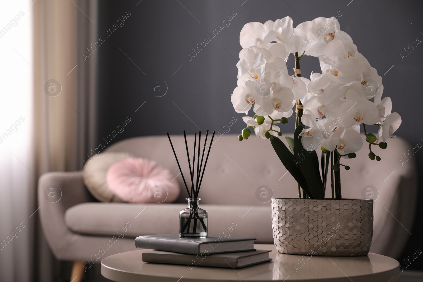 Photo of Beautiful orchid, books and air reed freshener on table indoors