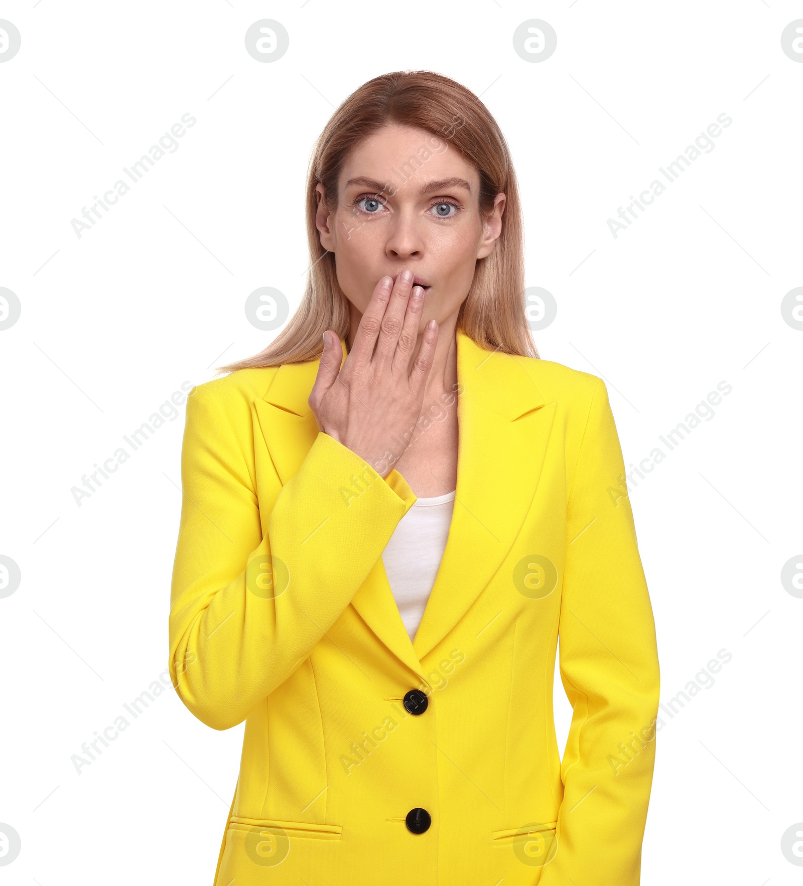 Photo of Beautiful emotional businesswoman posing on white background