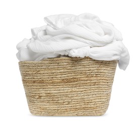 Wicker laundry basket with clean clothes isolated on white