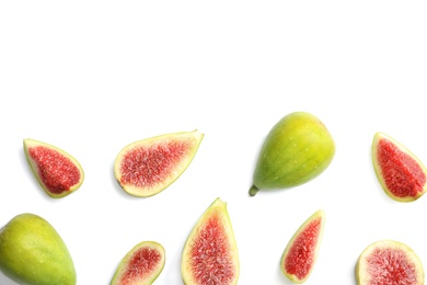 Photo of Fresh ripe figs on white background, top view. Space for text