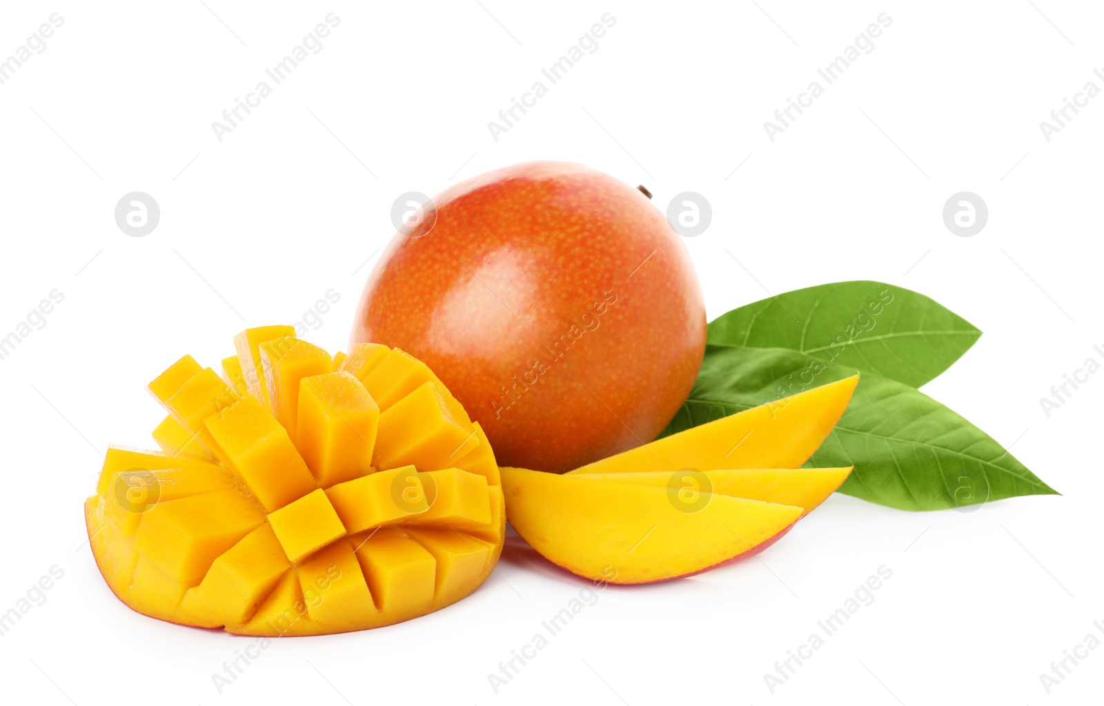 Photo of Whole and cut ripe mangoes isolated on white. Exotic fruit