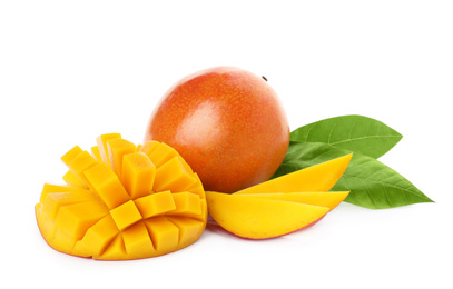 Whole and cut ripe mangoes isolated on white. Exotic fruit