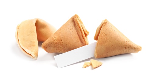 Photo of Traditional fortune cookies with prediction on white background