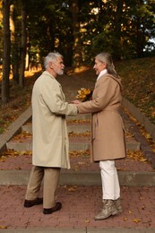 Affectionate senior couple with dry leaves in autumn park