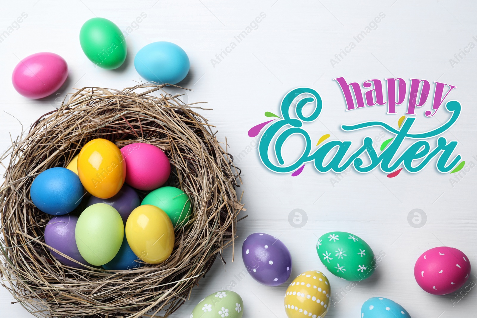 Image of Happy Easter. Bright painted eggs on white wooden table, flat lay 