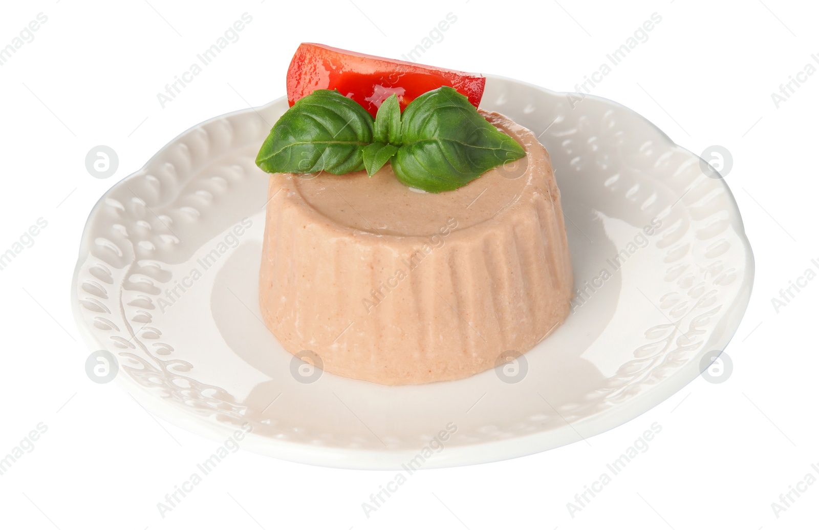 Photo of Plate with delicious meat pate, tomato and basil isolated on white