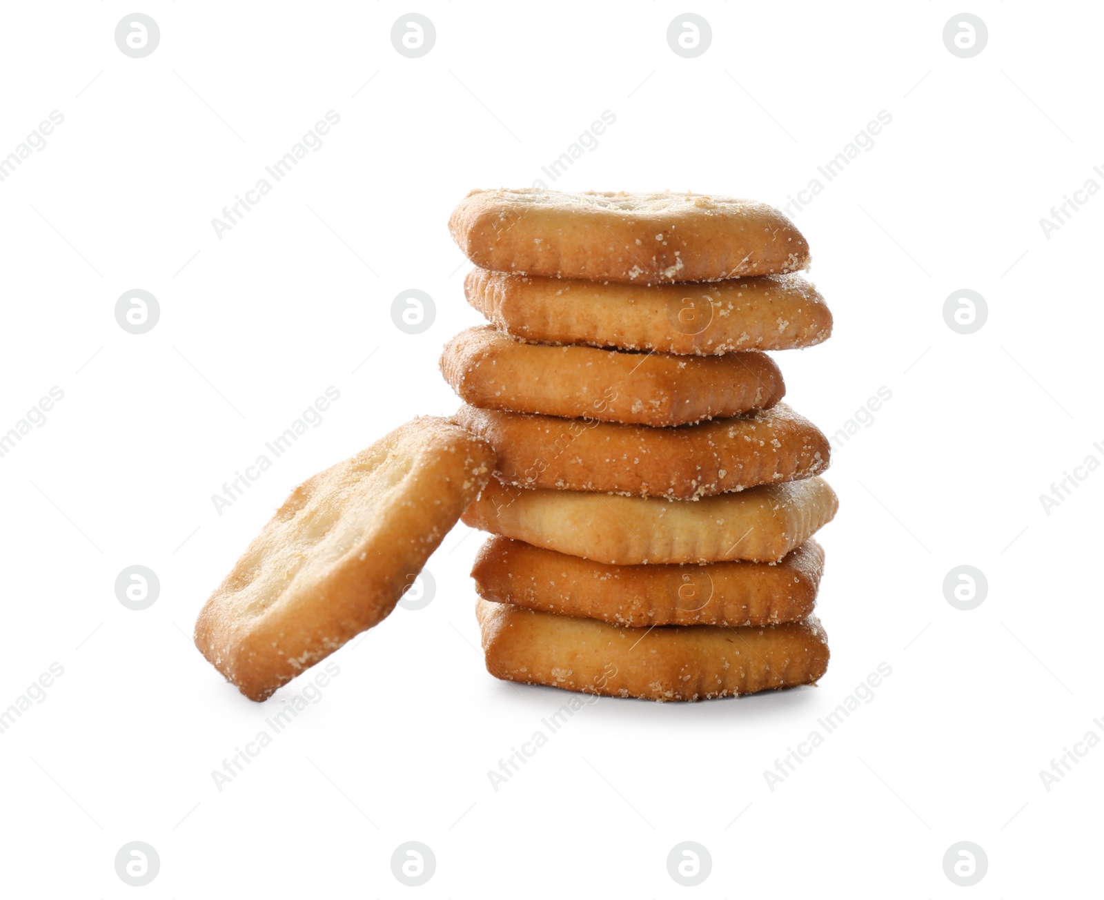 Photo of Stack of delicious crispy crackers isolated on white