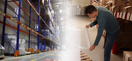 Distribution. Worker wrapping boxes in stretch film at warehouse, double exposure. Banner design