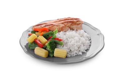 Photo of Plate with grilled chicken breast, rice and vegetables isolated on white
