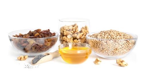 Photo of Ingredients for traditional kutia on white background