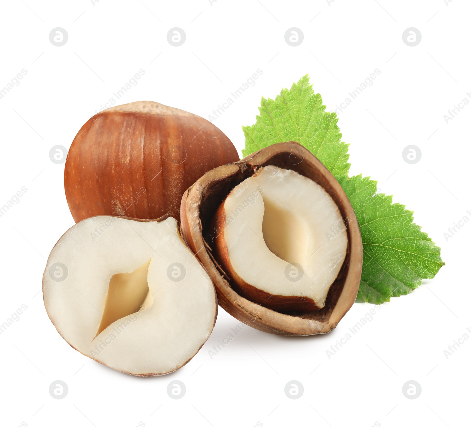 Image of Tasty hazelnuts and green leaves on white background