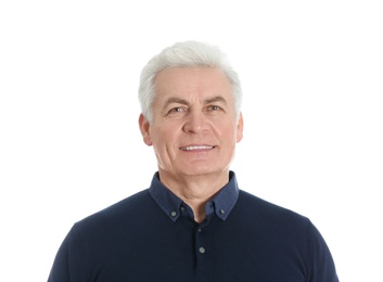 Portrait of handsome mature man on white background