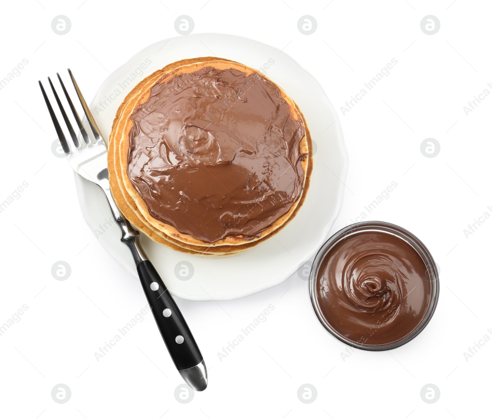 Photo of Tasty pancakes with chocolate paste and fork isolated on white, top view