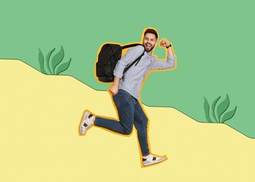 Pop art poster. Man with backpack running on drawn sand, pin up style