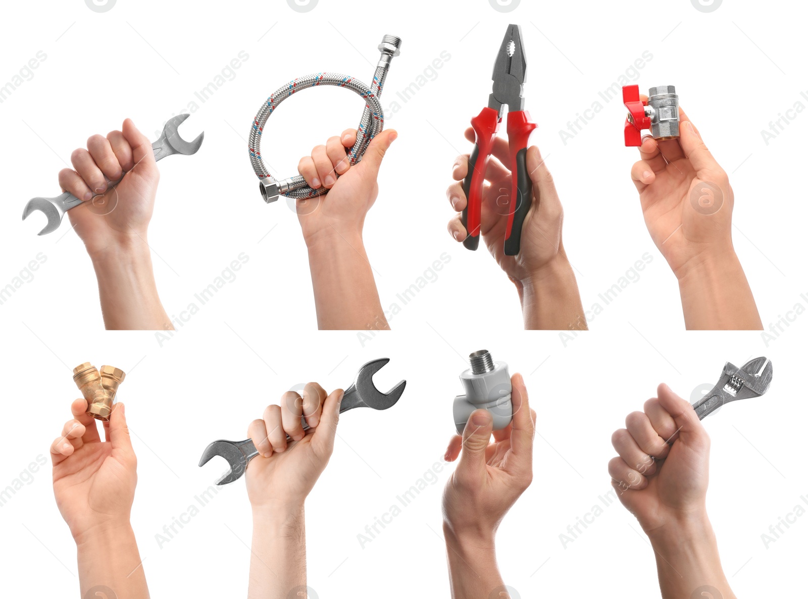 Image of Collage with photos of men holding different plumbing tools on white background