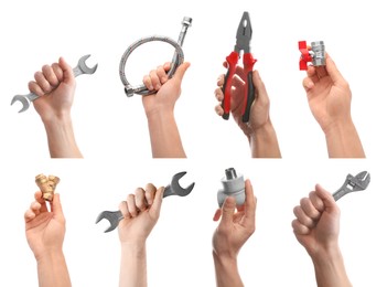 Collage with photos of men holding different plumbing tools on white background