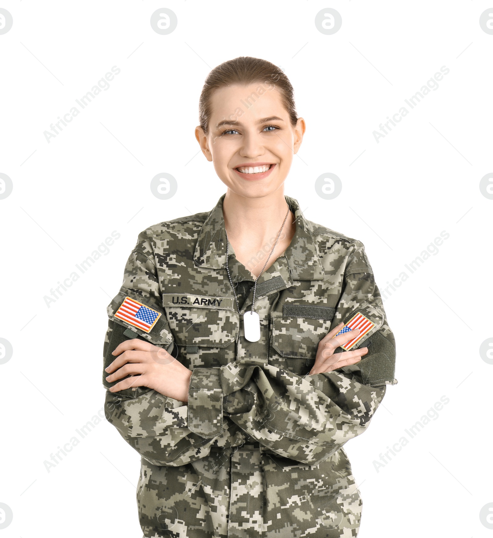 Photo of Female soldier on white background. Military service