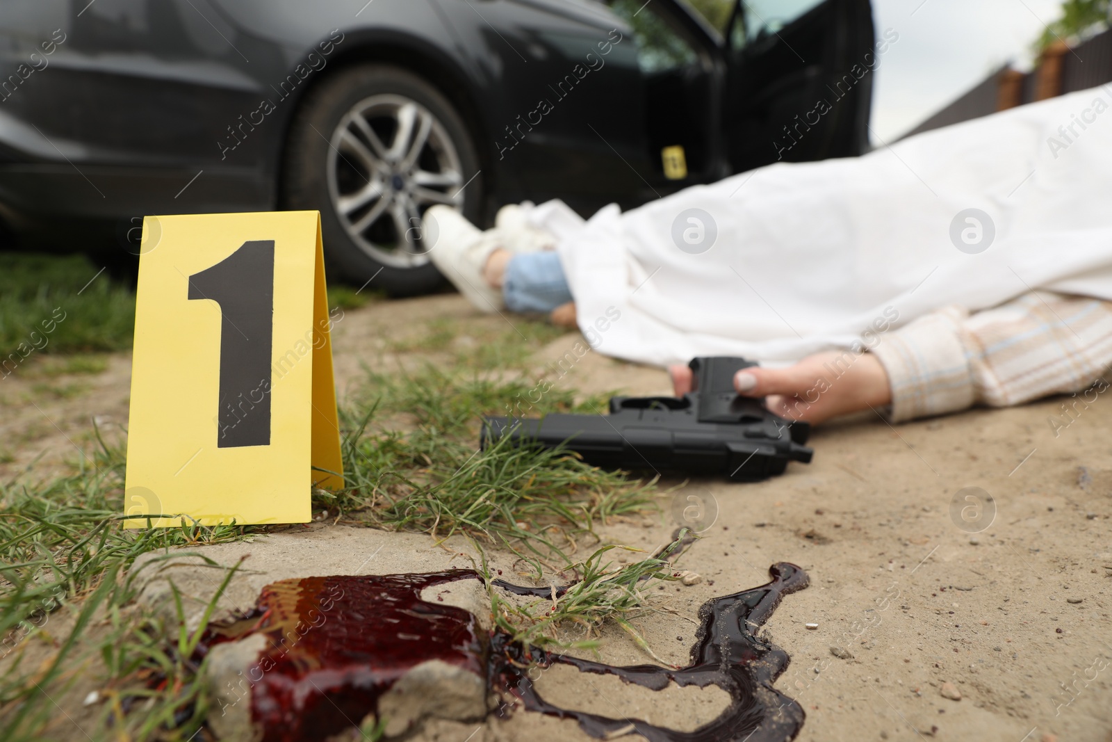 Photo of Crime scene markers, dead woman's body and gun outdoors, selective focus