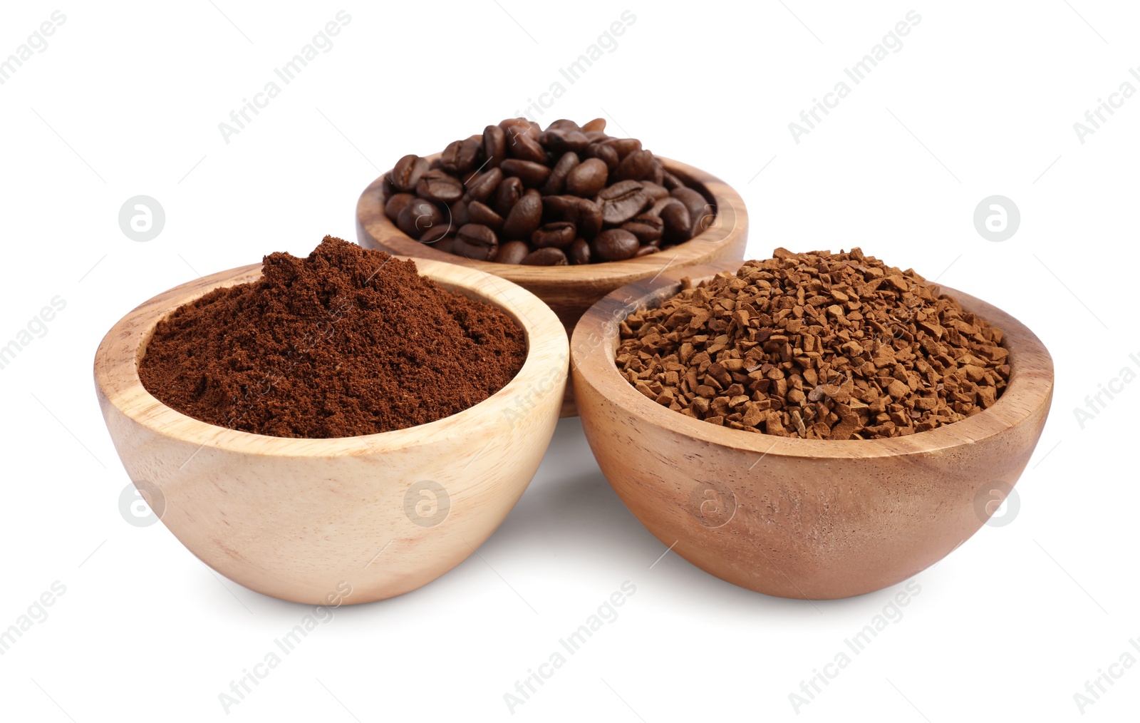 Photo of Bowls of beans, instant and ground coffee on white background