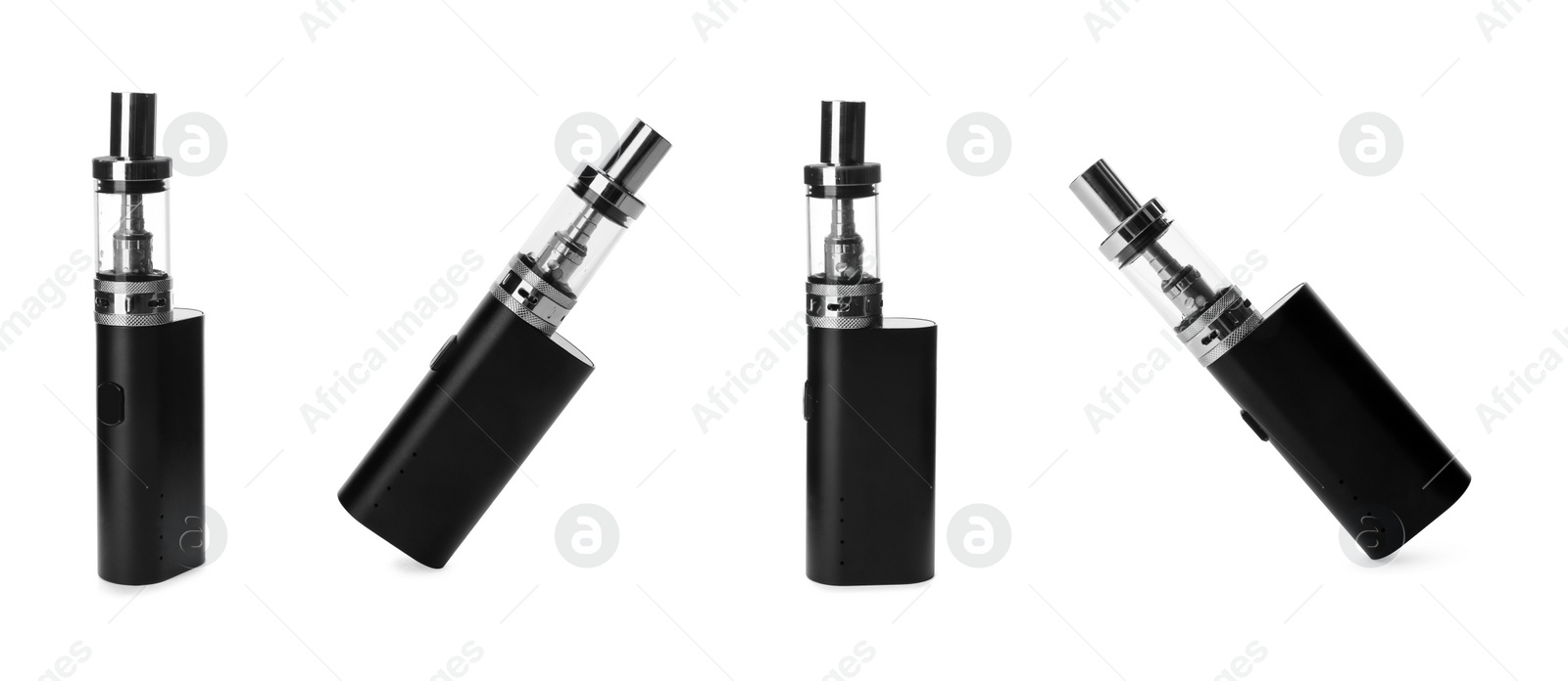 Image of Set with electronic smoking devices on white background. Banner design