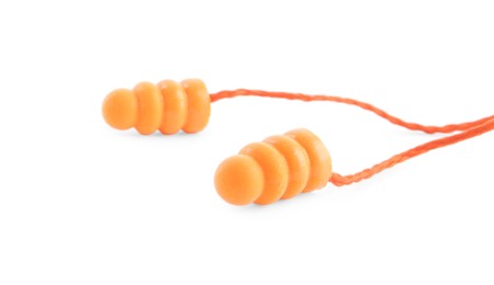 Photo of Pair of orange ear plugs isolated on white