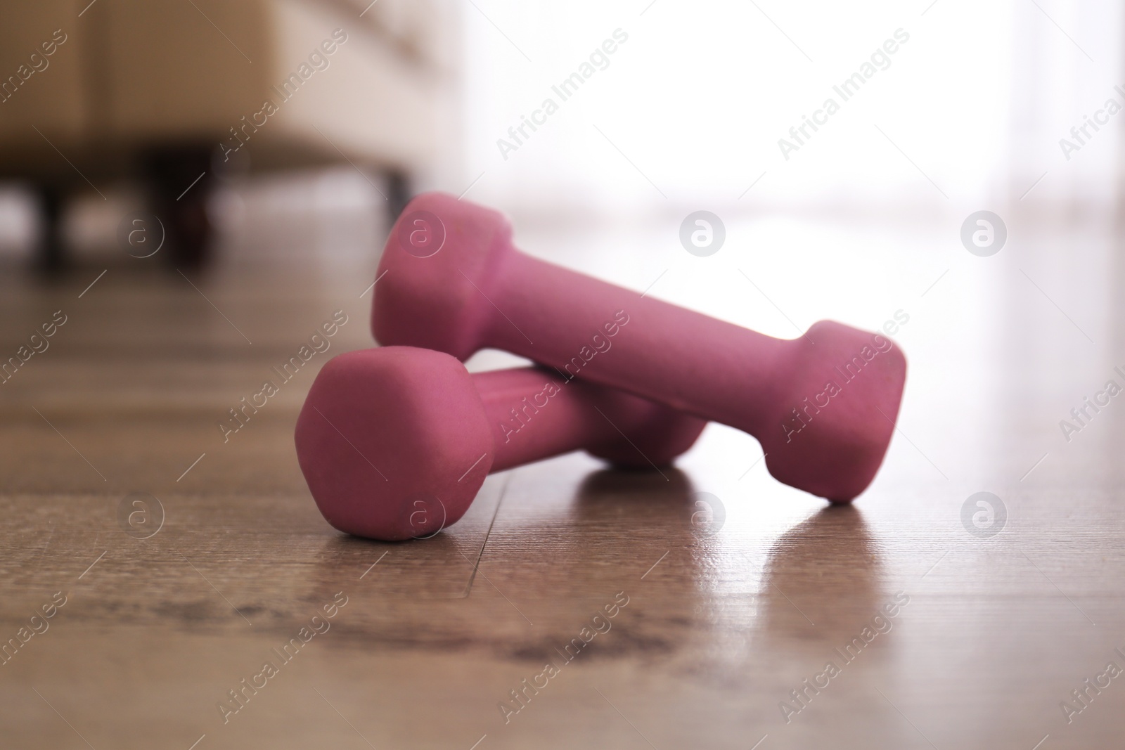 Photo of Pink dumbbells on floor in room, closeup. Home fitness