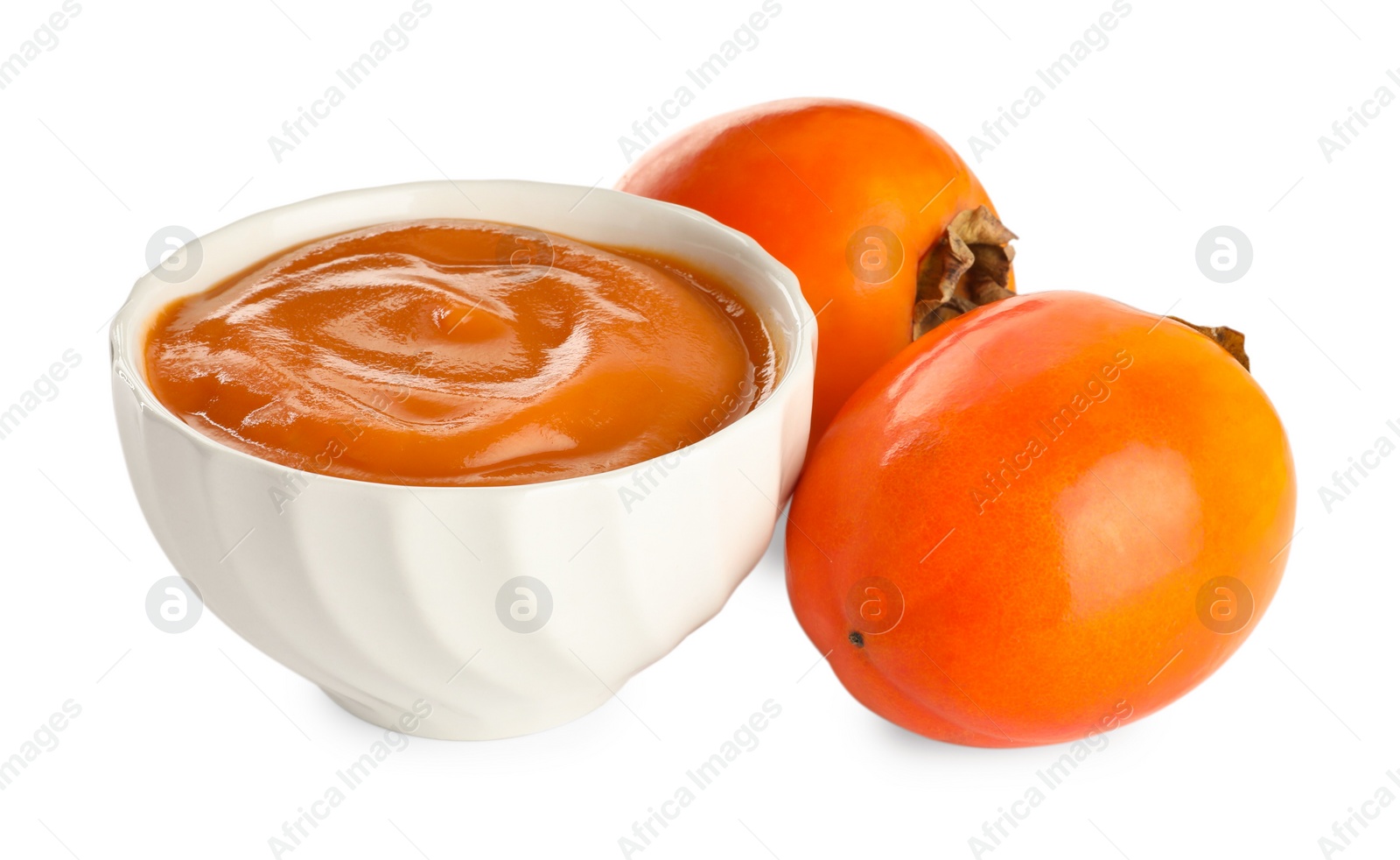 Photo of Delicious persimmon jam and fresh fruits isolated on white