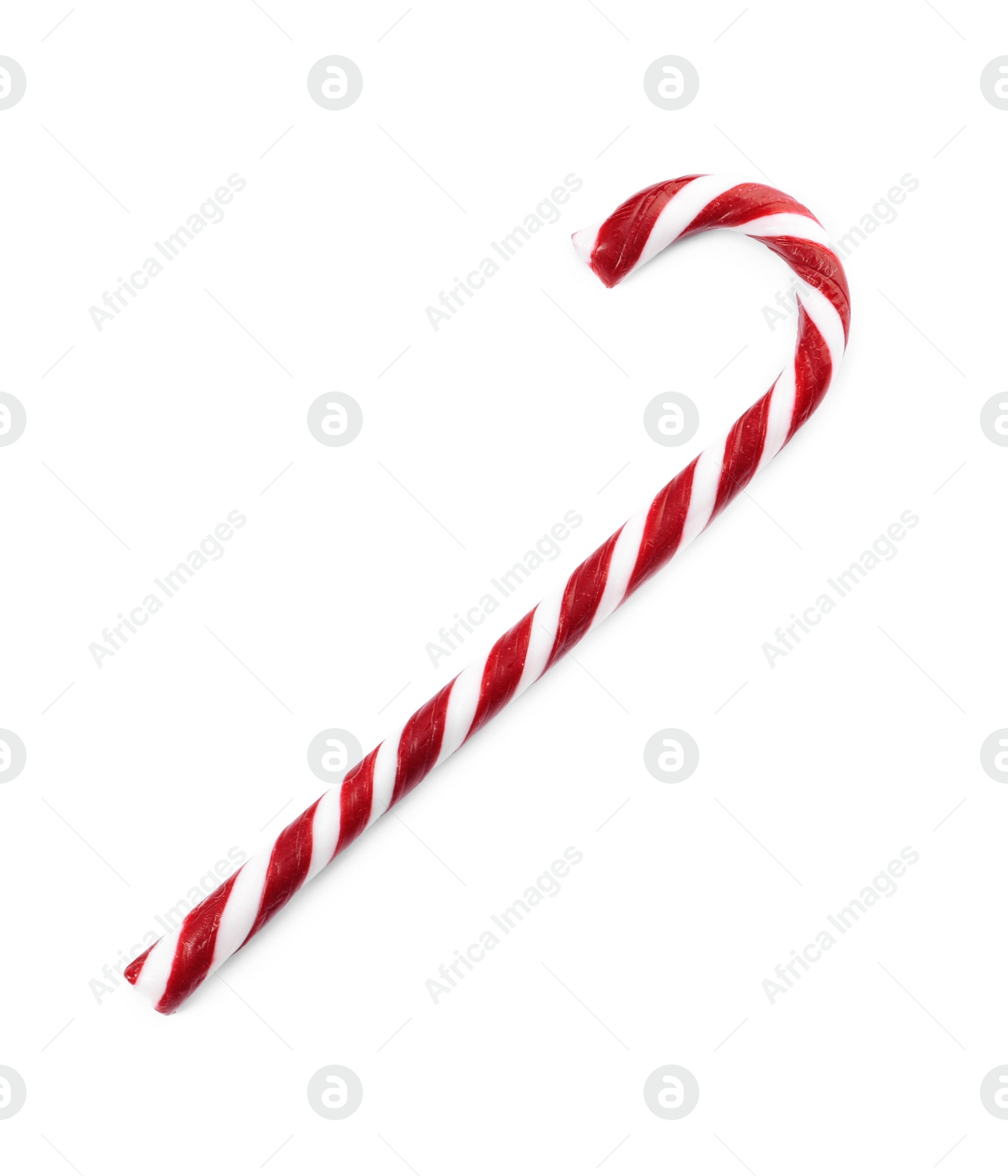 Photo of Delicious Christmas candy cane isolated on white, top view