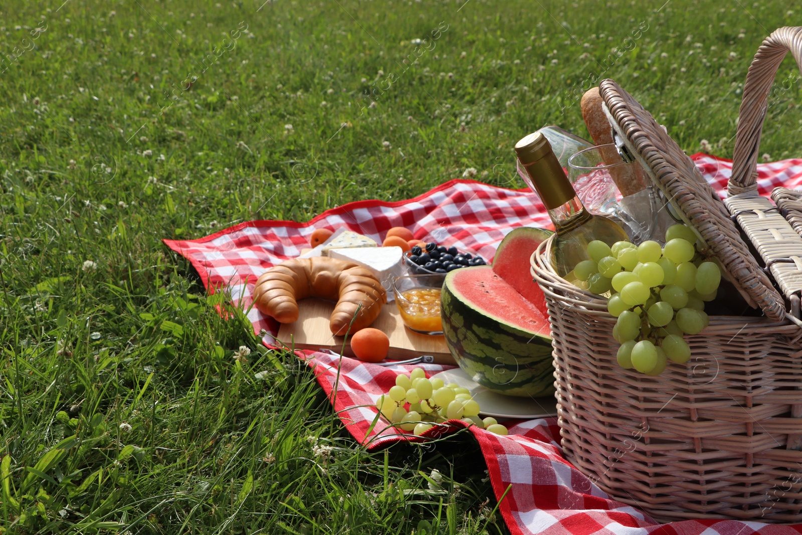 Photo of Picnic blanket with delicious food and wine outdoors on summer day