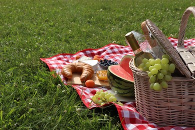 Picnic blanket with delicious food and wine outdoors on summer day