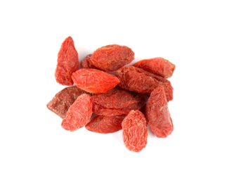 Pile of dried goji berries on white background, top view