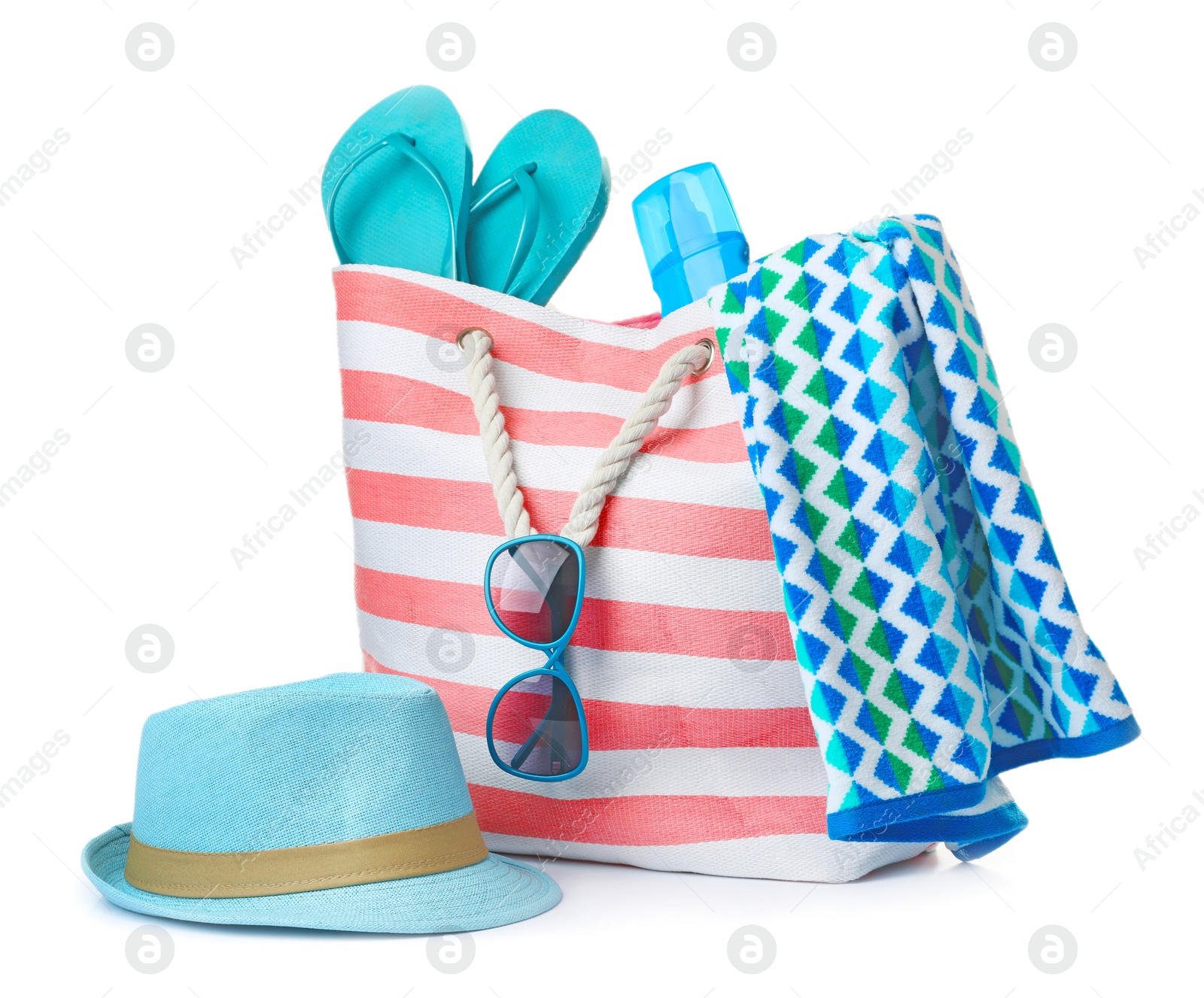 Photo of Composition with beach objects on white background