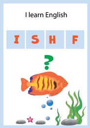 Illustration of Play and learn, letter order game. Fish illustration