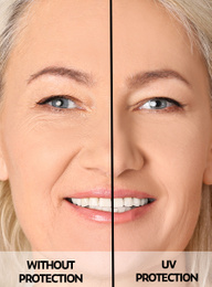 Mature woman without and with sun protection cream on her face, closeup